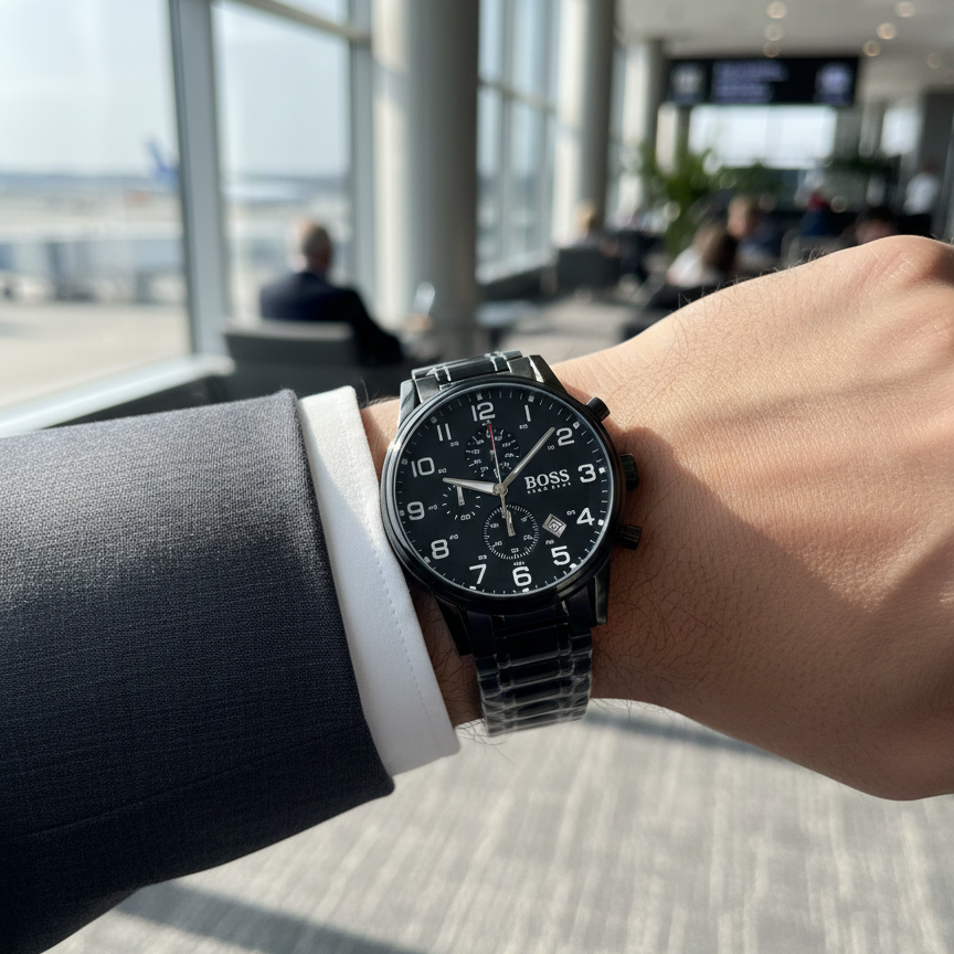 Hugo Boss Aeroliner 1513180 44mm Men’s Chronograph Watch – Black Dial & Stainless Steel Bracelet