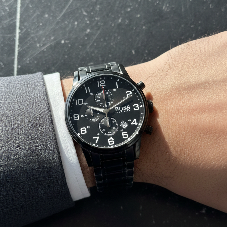 Hugo Boss Aeroliner 1513180 44mm Men’s Chronograph Watch – Black Dial & Stainless Steel Bracelet