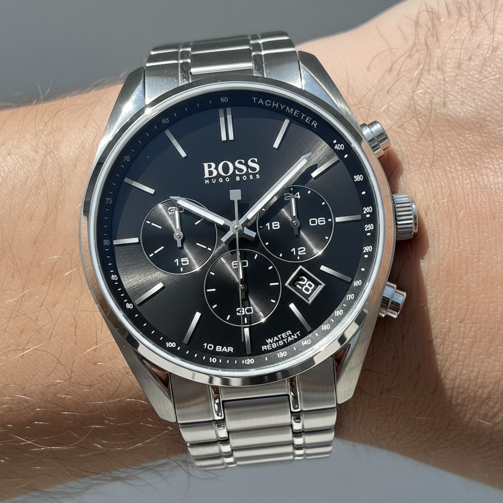 Hugo Boss Champion 1513871 44mm Men’s Chronograph Watch – Black Dial & Silver-tone Bracelet