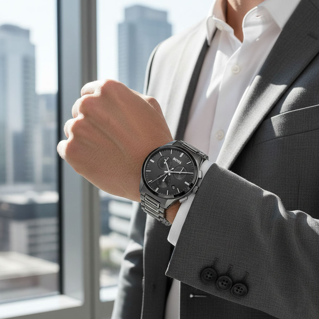 Hugo Boss Dapper 1513929 43mm Men’s Chronograph Watch – Black Dial & Stainless Steel Bracelet