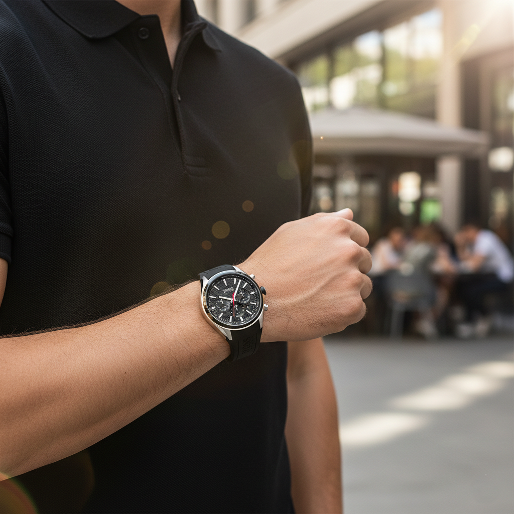 Hugo Boss Distinct 1513855 46mm Men’s Chronograph Watch – Black Honeycomb-Textured Dial & Black Silicone Strap