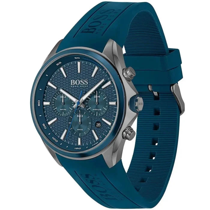 Hugo Boss Distinct 1513856 46mm Men’s Chronograph Watch – Dark Grey Honeycomb-Textured Dial & Blue Silicone Strap