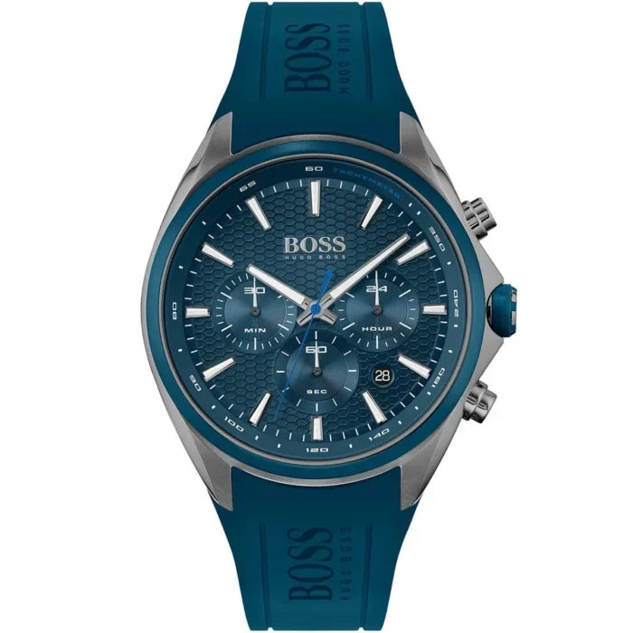 Hugo Boss Distinct 1513856 46mm Men’s Chronograph Watch – Dark Grey Honeycomb-Textured Dial & Blue Silicone Strap