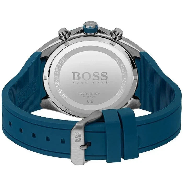 Hugo Boss Distinct 1513856 46mm Men’s Chronograph Watch – Dark Grey Honeycomb-Textured Dial & Blue Silicone Strap