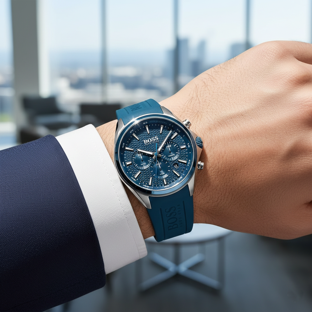 Hugo Boss Distinct 1513856 46mm Men’s Chronograph Watch – Dark Grey Honeycomb-Textured Dial & Blue Silicone Strap