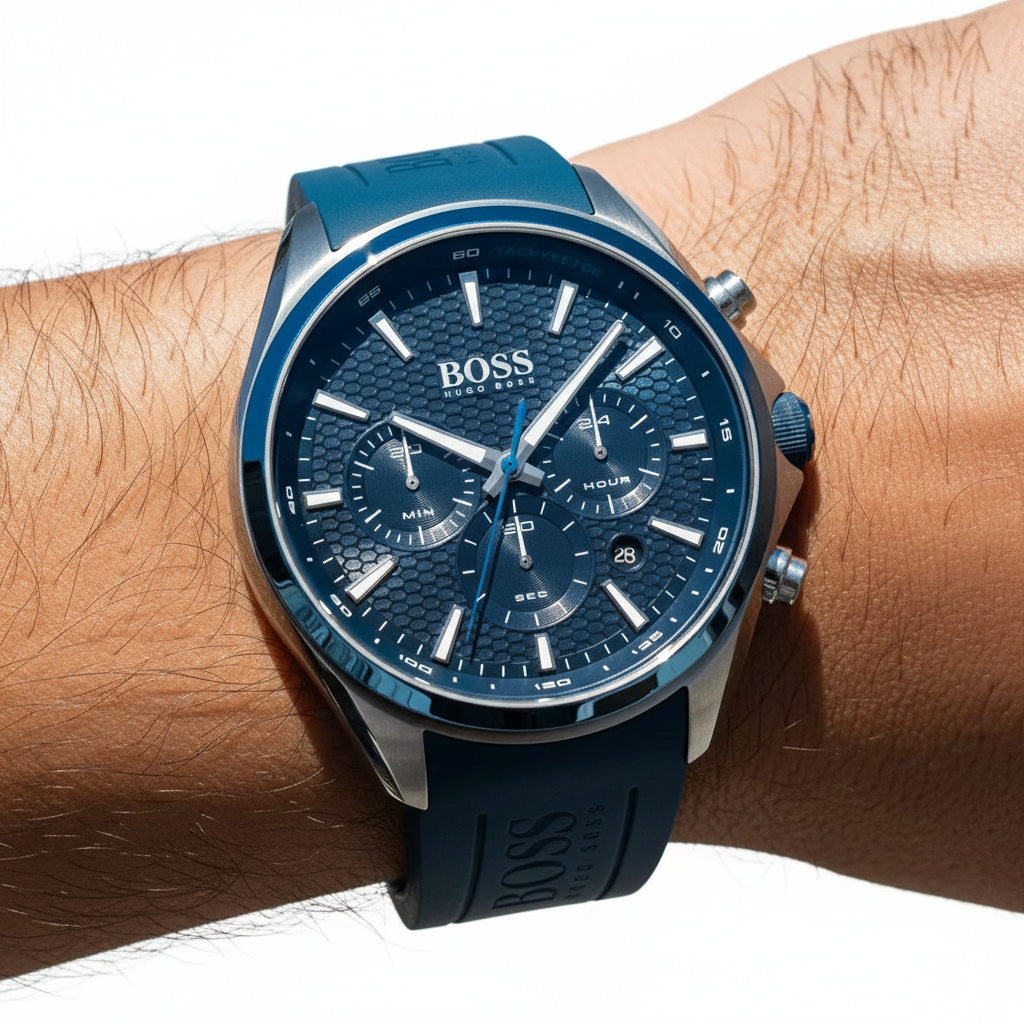 Hugo Boss Distinct 1513856 46mm Men’s Chronograph Watch – Dark Grey Honeycomb-Textured Dial & Blue Silicone Strap