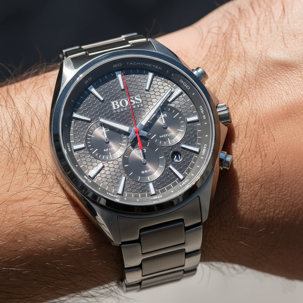 Hugo Boss Distinct 1513858 46mm Men’s Chronograph Watch – Grey Honeycomb-Textured Dial & Stainless Steel Bracelet