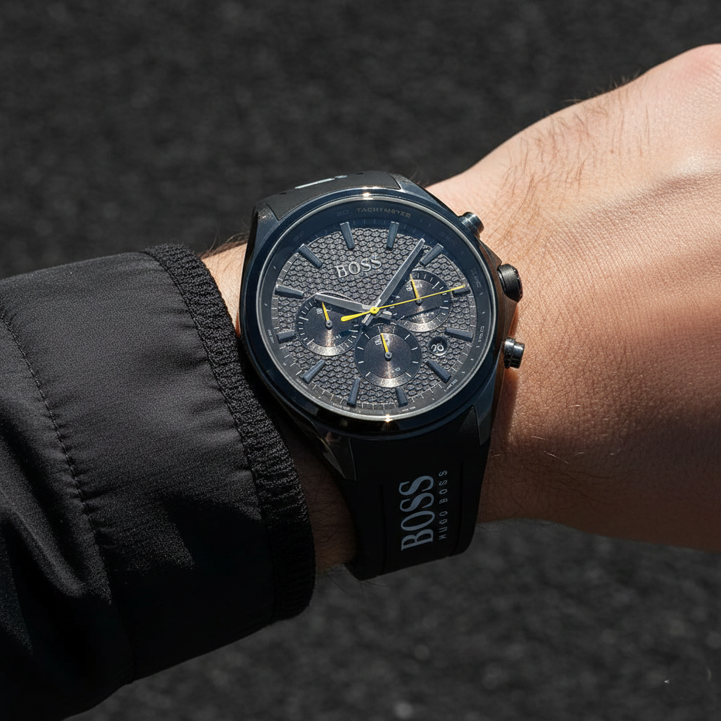 Hugo Boss Distinct 1513859 46mm Men’s Chronograph Watch – Black Dial & Black Silicone Strap