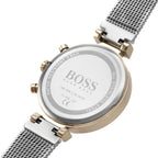 Hugo Boss Flawless 1502553 36mm Women’s Multifunction Quartz Watch – Silver Sunray Dial with Crystal Markers & Rose Gold Stainless Steel Mesh Bracelet