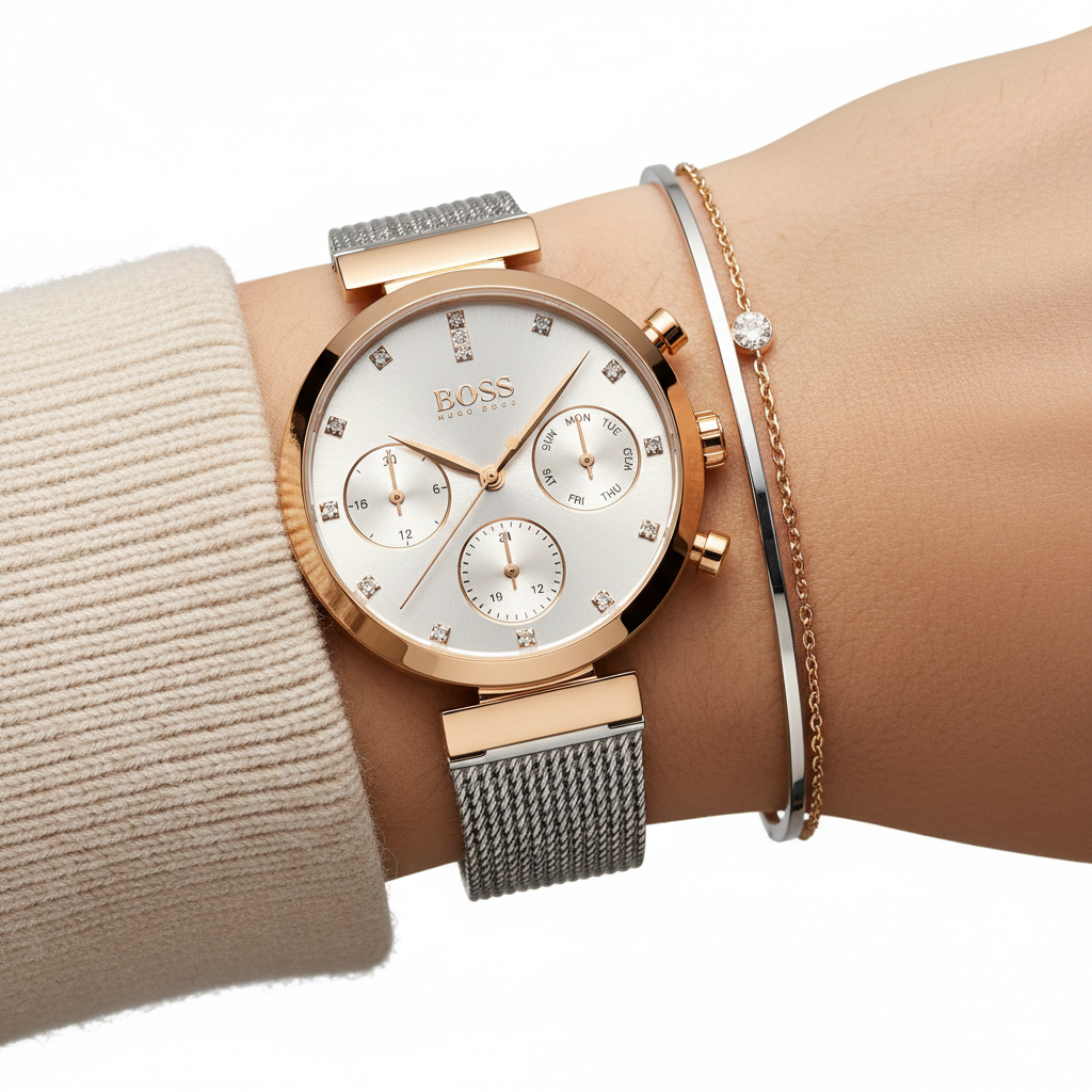 Hugo Boss Flawless 1502553 36mm Women’s Multifunction Quartz Watch – Silver Sunray Dial with Crystal Markers & Rose Gold Stainless Steel Mesh Bracelet