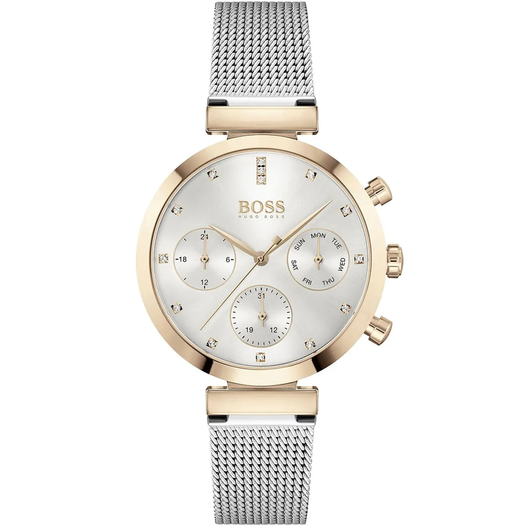 Hugo Boss Flawless 1502553 36mm Women’s Multifunction Quartz Watch – Silver Sunray Dial with Crystal Markers & Rose Gold Stainless Steel Mesh Bracelet