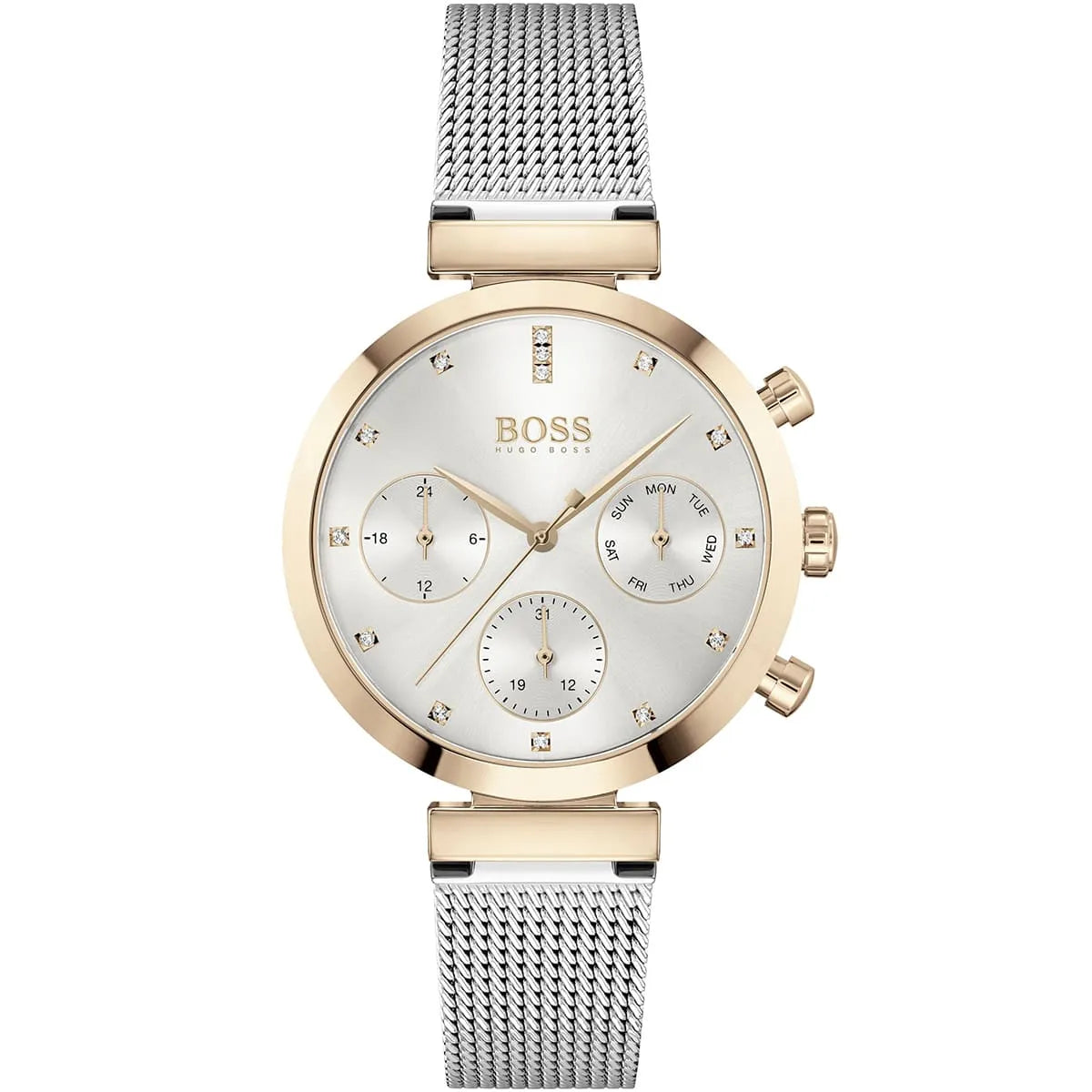 Hugo Boss Flawless 1502553 36mm Women’s Multifunction Quartz Watch – Silver Sunray Dial with Crystal Markers & Rose Gold Stainless Steel Mesh Bracelet