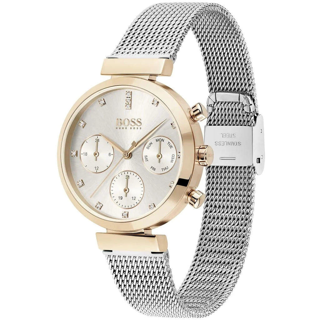Hugo Boss Flawless 1502553 36mm Women’s Multifunction Quartz Watch – Silver Sunray Dial with Crystal Markers & Rose Gold Stainless Steel Mesh Bracelet