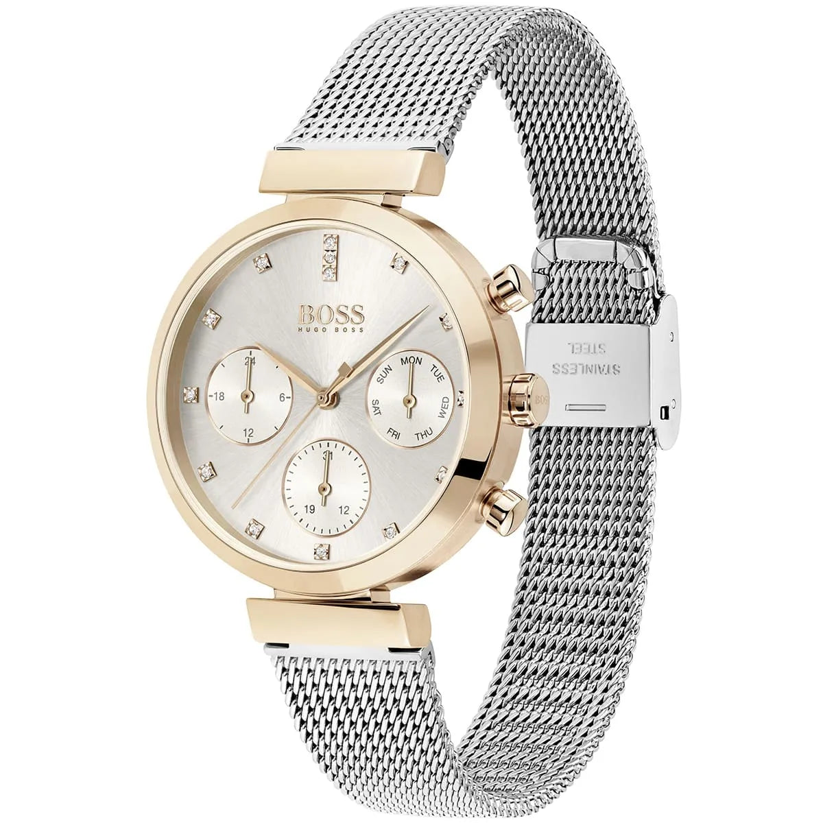 Hugo Boss Flawless 1502553 36mm Women’s Multifunction Quartz Watch – Silver Sunray Dial with Crystal Markers & Rose Gold Stainless Steel Mesh Bracelet
