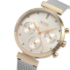 Hugo Boss Flawless 1502553 36mm Women’s Multifunction Quartz Watch – Silver Sunray Dial with Crystal Markers & Rose Gold Stainless Steel Mesh Bracelet