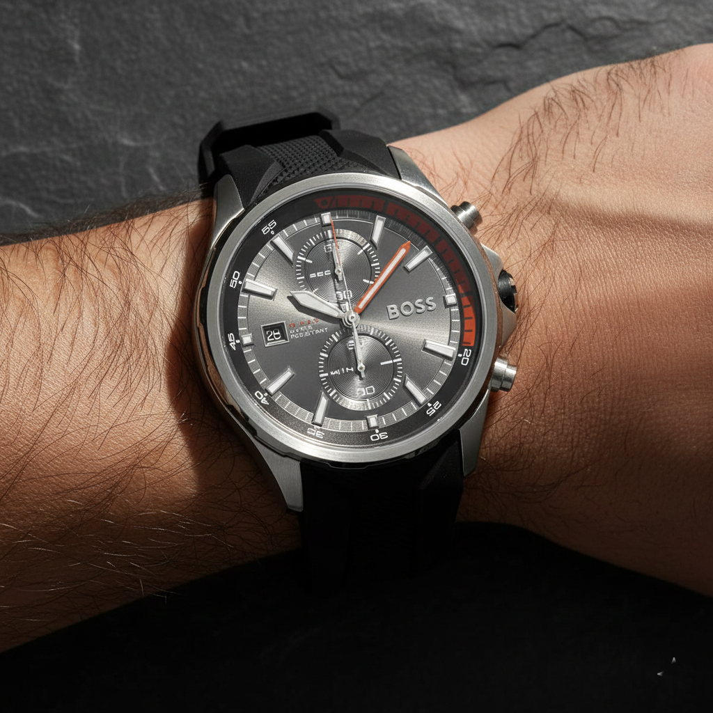 Hugo Boss Globetrotter 1513931 46mm Men’s Chronograph Watch – Grey Dial & Black Silicone Strap