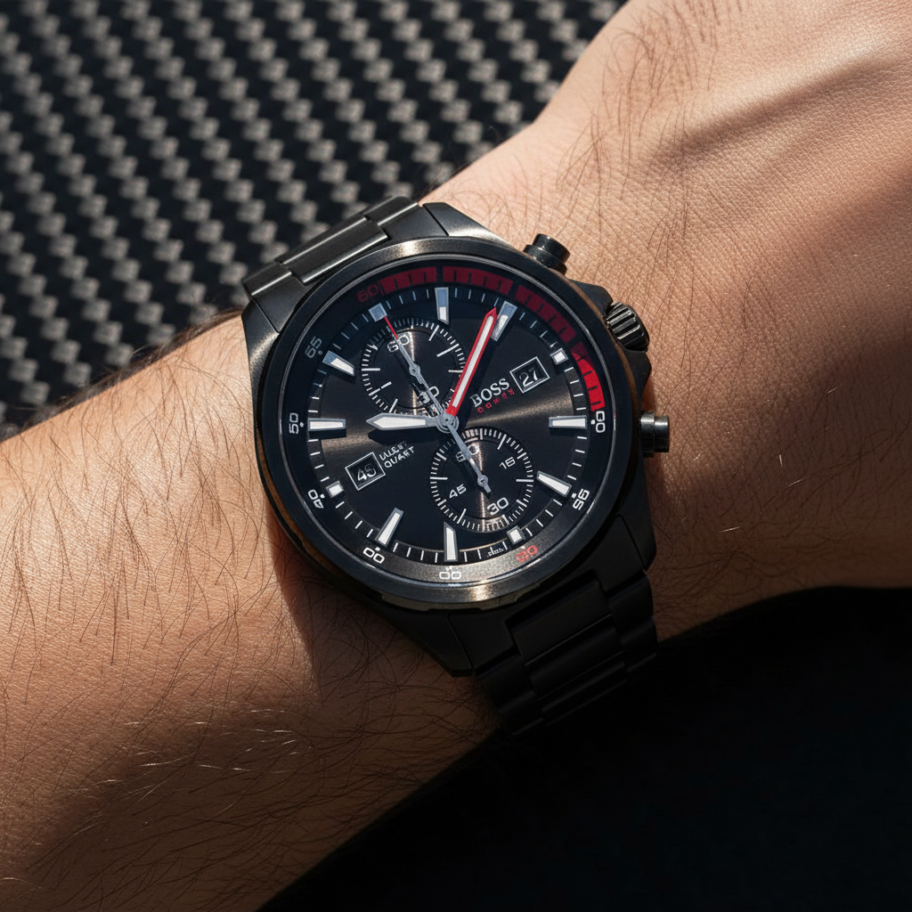 Hugo Boss Globetrotter 1513825 46mm Men’s Chronograph Watch – Black Dial & Stainless Steel Bracelet