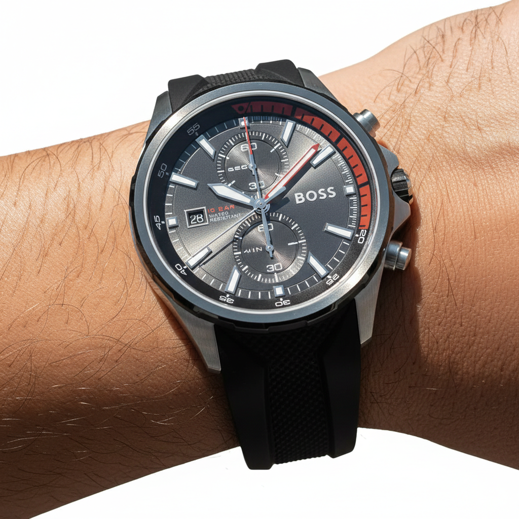 Hugo Boss Globetrotter 1513931 46mm Men’s Chronograph Watch – Grey Dial & Black Silicone Strap
