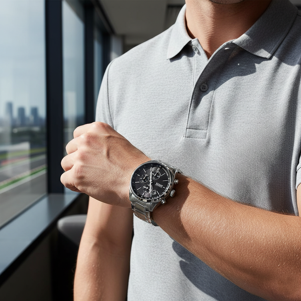 Hugo Boss Grand Prix 1513477 44mm Men’s Chronograph Watch – Black Dial & Silver Bracelet