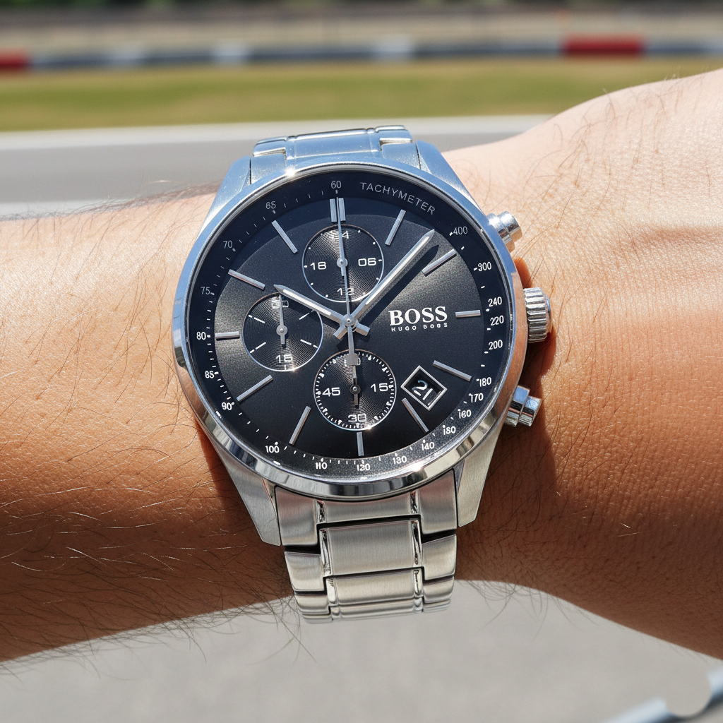 Hugo Boss Grand Prix 1513477 44mm Men’s Chronograph Watch – Black Dial & Silver Bracelet