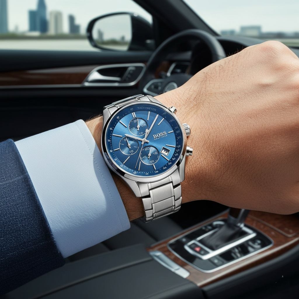 Hugo Boss Grand Prix 1513478 44mm Men’s Chronograph Watch – Blue Dial & Silver Stainless Steel Bracelet