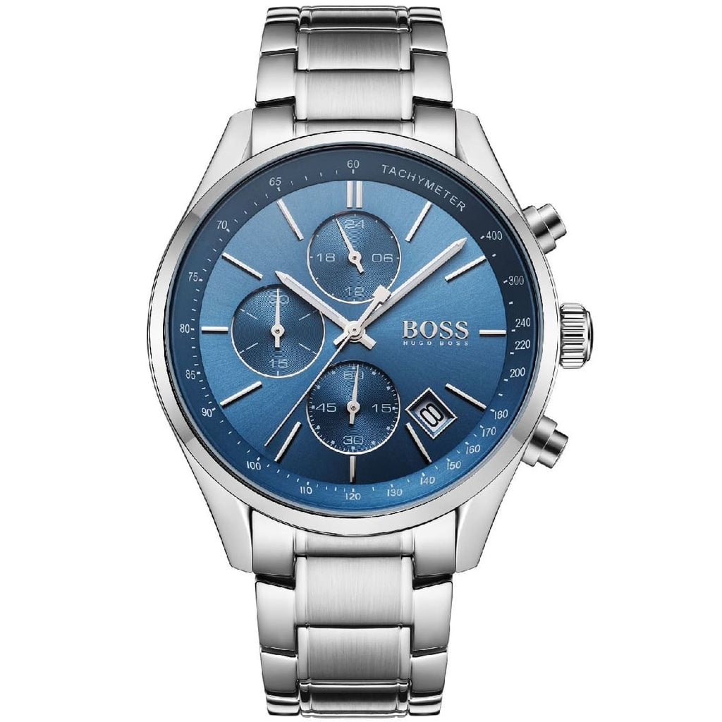 Hugo Boss Grand Prix 1513478 44mm Men’s Chronograph Watch – Blue Dial & Silver Stainless Steel Bracelet