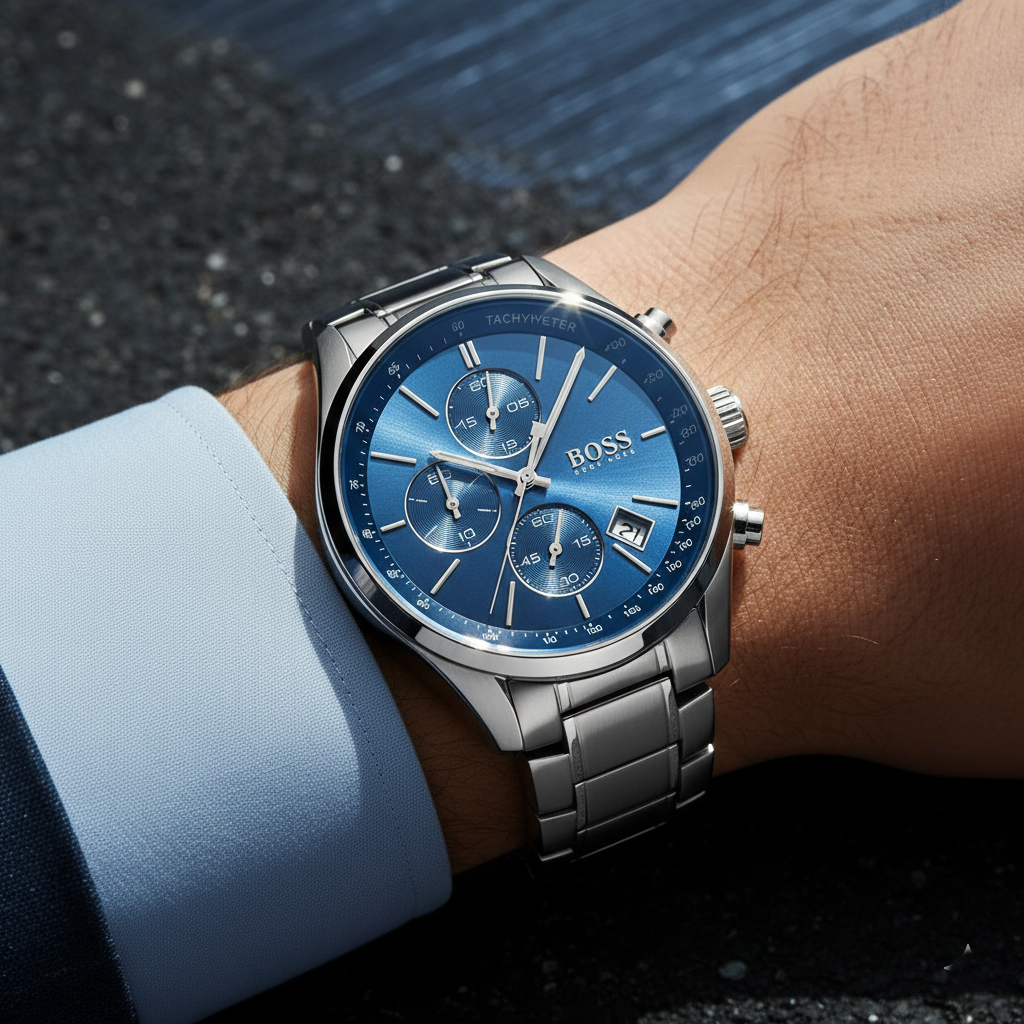 Hugo Boss Grand Prix 1513478 44mm Men’s Chronograph Watch – Blue Dial & Silver Stainless Steel Bracelet