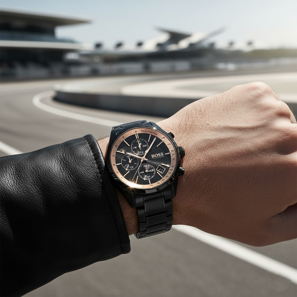 Hugo Boss Grand Prix 1513578 44mm Men’s Chronograph Watch – Black Dial & Stainless Steel Bracelet
