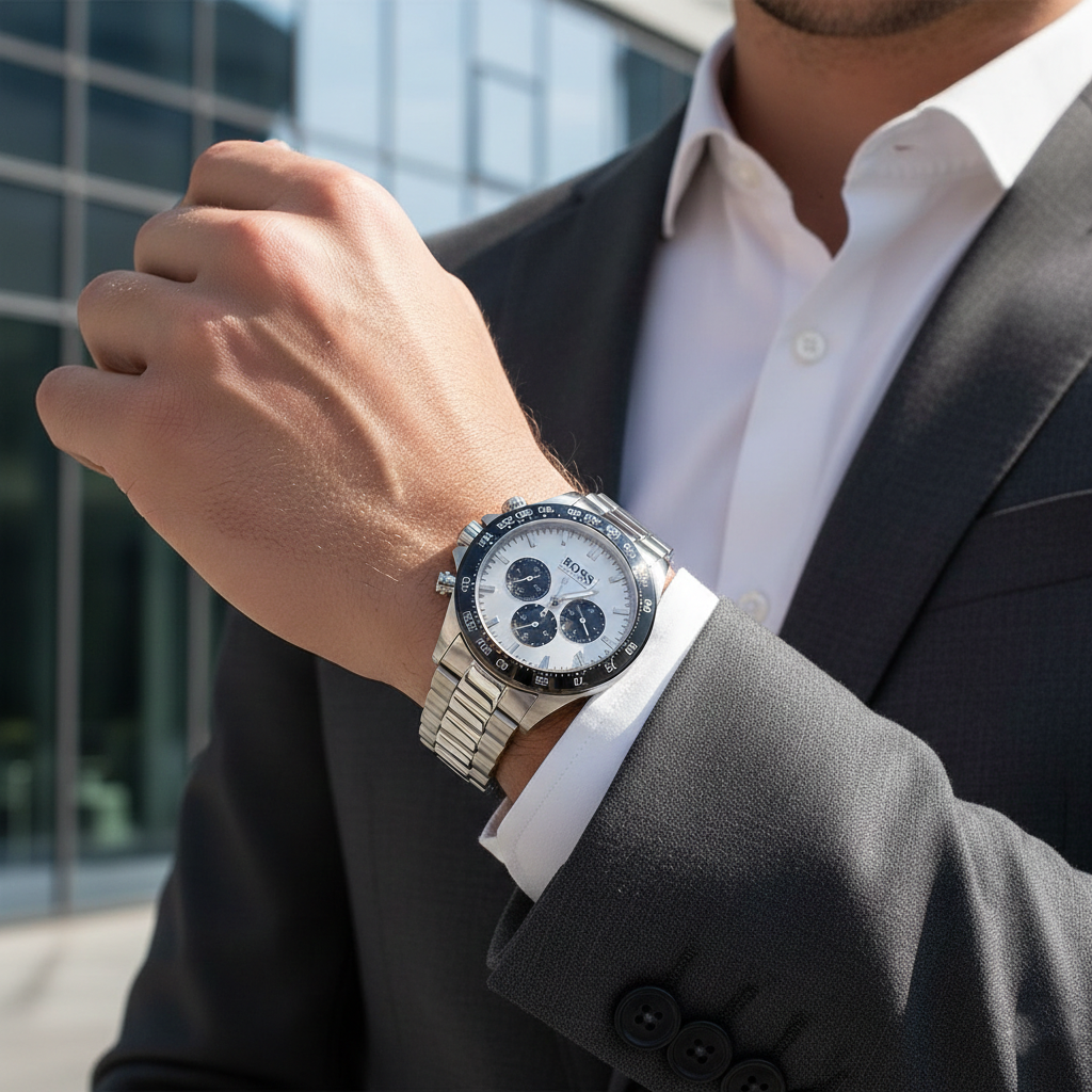 Hugo Boss Ikon 1512964 44mm Men’s Chronograph Watch – Silver Panda Dial & Stainless Steel Bracelet
