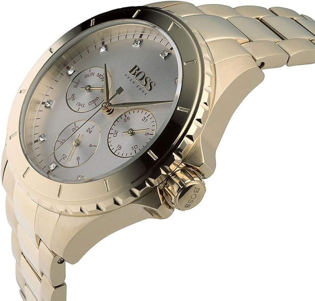 Hugo Boss Majesty 1502445 36mm Women’s Multifunction Quartz Watch – Silver Dial with Crystal Markers & Gold-Tone Stainless Steel Link Bracelet