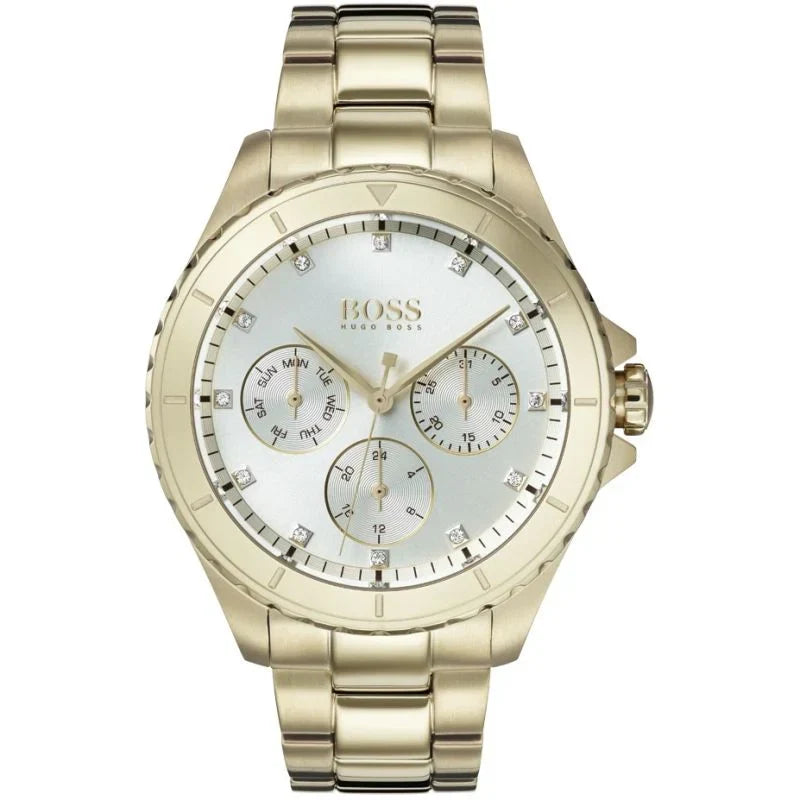Hugo Boss Majesty 1502445 36mm Women’s Multifunction Quartz Watch – Silver Dial with Crystal Markers & Gold-Tone Stainless Steel Link Bracelet