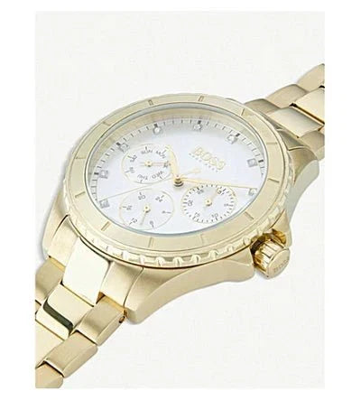 Hugo Boss Majesty 1502445 36mm Women’s Multifunction Quartz Watch – Silver Dial with Crystal Markers & Gold-Tone Stainless Steel Link Bracelet