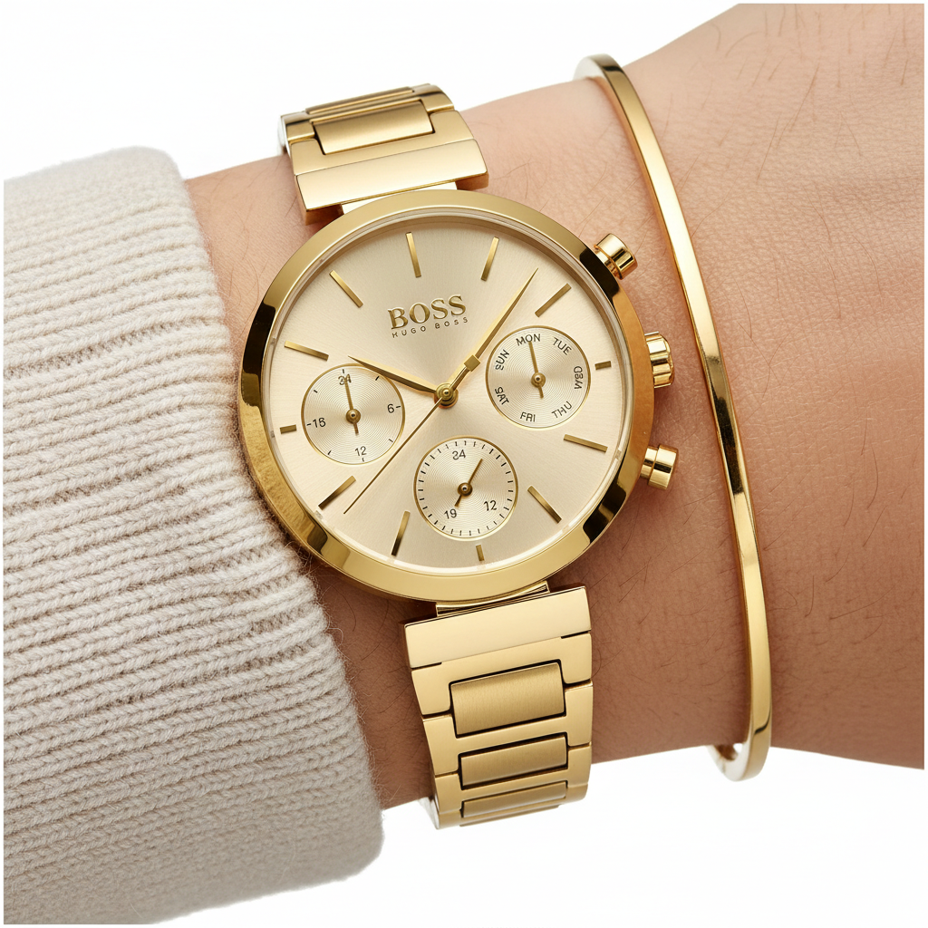 Hugo Boss Majesty 1502532 36mm Women’s Multifunction Quartz Watch – Gold Sunray Dial & Gold-Tone Stainless Steel Link Bracelet