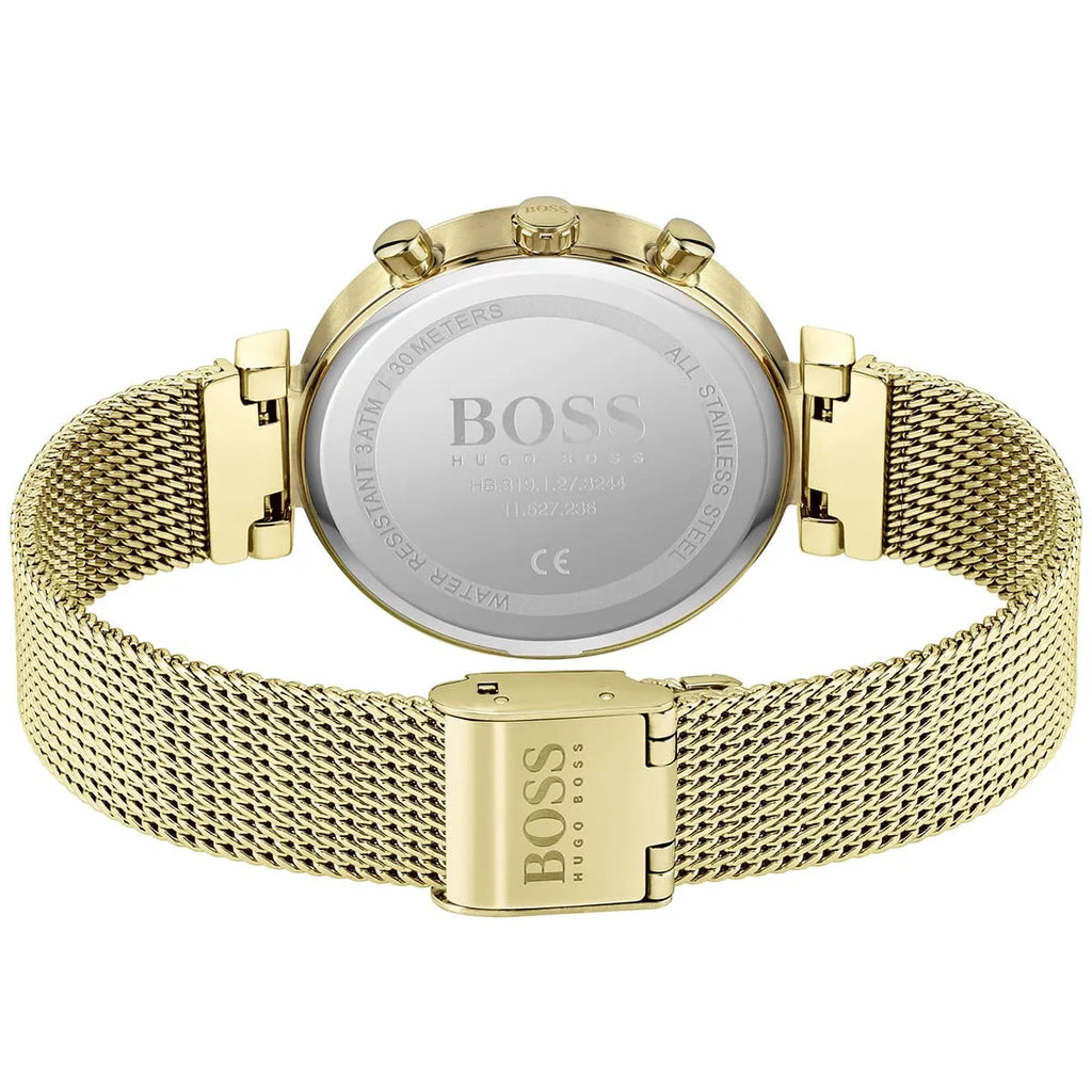 Hugo Boss Majesty 1502552 36mm Women’s Multifunction Quartz Watch – Gold Dial with Crystal Markers & Gold Stainless Steel Mesh Bracelet