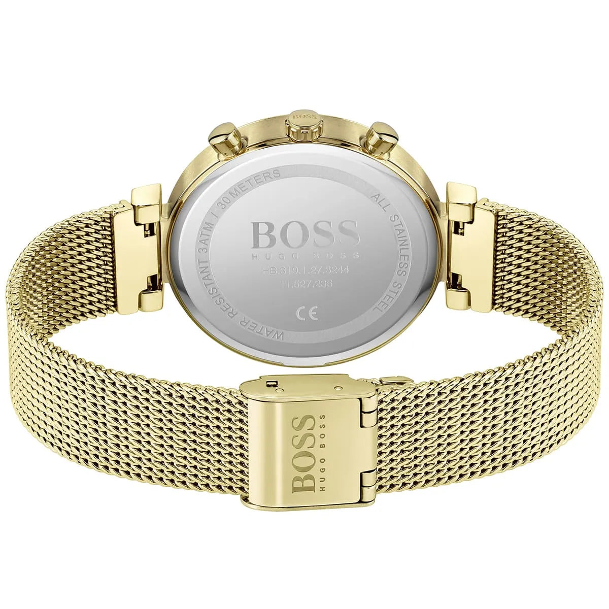 Hugo Boss Majesty 1502552 36mm Women’s Multifunction Quartz Watch – Gold Dial with Crystal Markers & Gold Stainless Steel Mesh Bracelet