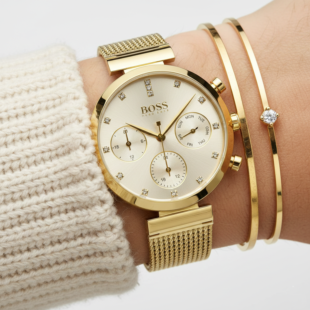 Hugo Boss Majesty 1502552 36mm Women’s Multifunction Quartz Watch – Gold Dial with Crystal Markers & Gold Stainless Steel Mesh Bracelet