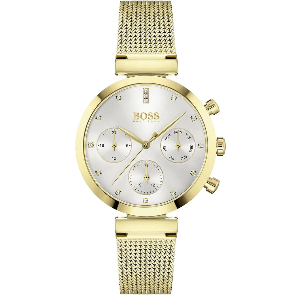 Hugo Boss Majesty 1502552 36mm Women’s Multifunction Quartz Watch – Gold Dial with Crystal Markers & Gold Stainless Steel Mesh Bracelet