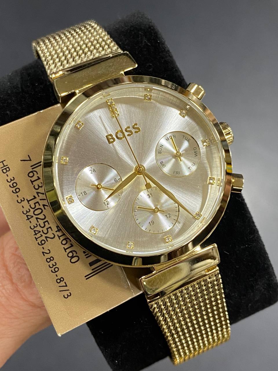 Hugo Boss Majesty 1502552 36mm Women’s Multifunction Quartz Watch – Gold Dial with Crystal Markers & Gold Stainless Steel Mesh Bracelet