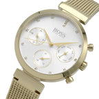 Hugo Boss Majesty 1502552 36mm Women’s Multifunction Quartz Watch – Gold Dial with Crystal Markers & Gold Stainless Steel Mesh Bracelet