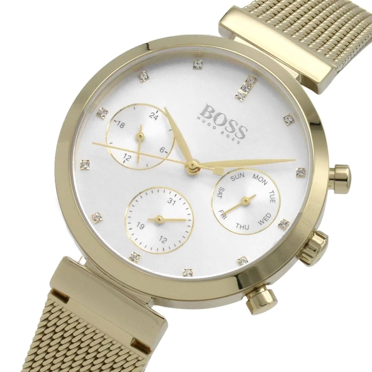 Hugo Boss Majesty 1502552 36mm Women’s Multifunction Quartz Watch – Gold Dial with Crystal Markers & Gold Stainless Steel Mesh Bracelet