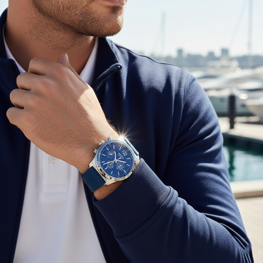 Hugo Boss Navigator 1513526 44mm Men’s Chronograph Watch – Blue Dial & Blue Silicone Strap
