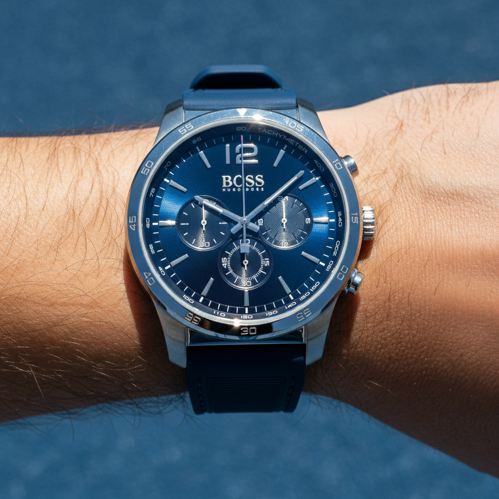 Hugo Boss Navigator 1513526 44mm Men’s Chronograph Watch – Blue Dial & Blue Silicone Strap
