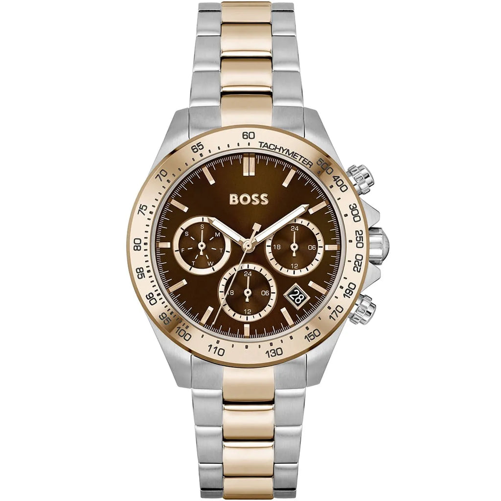 Hugo Boss Novia 1502617 38mm Women’s Multifunction Quartz Watch – Brown Sunray Dial & Two-Tone Silver & Rose Gold Steel Bracelet