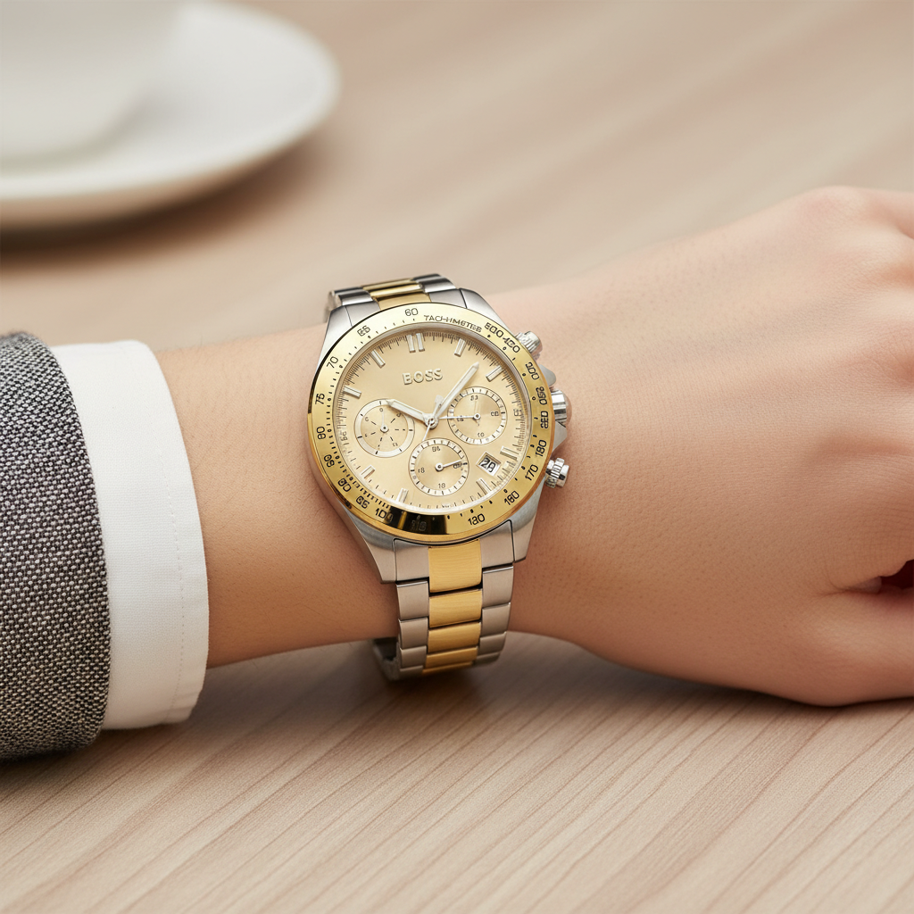 Hugo Boss Novia 1502618 38mm Women’s Multifunction Quartz Watch – Champagne Dial with Crystal Markers & Two-Tone Silver & Gold Steel Bracelet