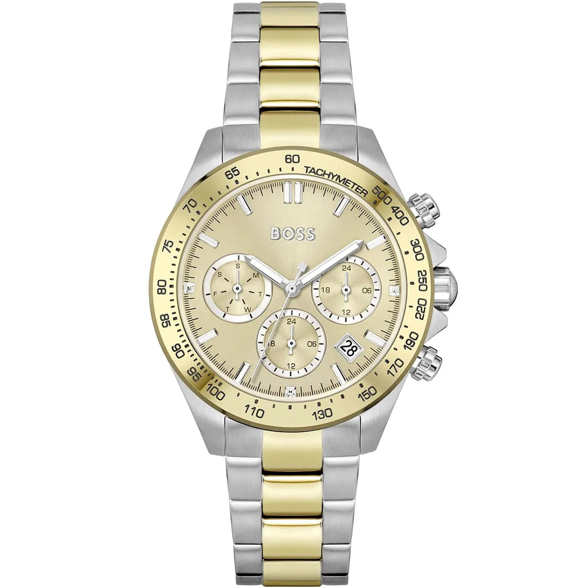 Hugo Boss Novia 1502618 38mm Women’s Multifunction Quartz Watch – Champagne Dial with Crystal Markers & Two-Tone Silver & Gold Steel Bracelet