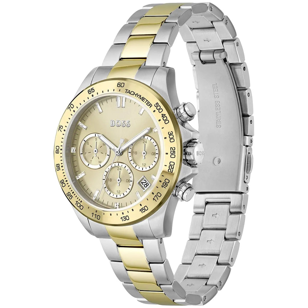 Hugo Boss Novia 1502618 38mm Women’s Multifunction Quartz Watch – Champagne Dial with Crystal Markers & Two-Tone Silver & Gold Steel Bracelet