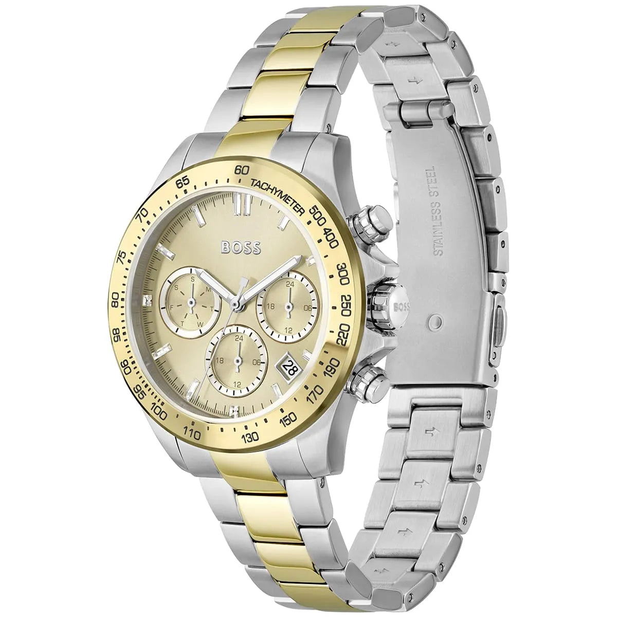 Hugo Boss Novia 1502618 38mm Women’s Multifunction Quartz Watch – Champagne Dial with Crystal Markers & Two-Tone Silver & Gold Steel Bracelet