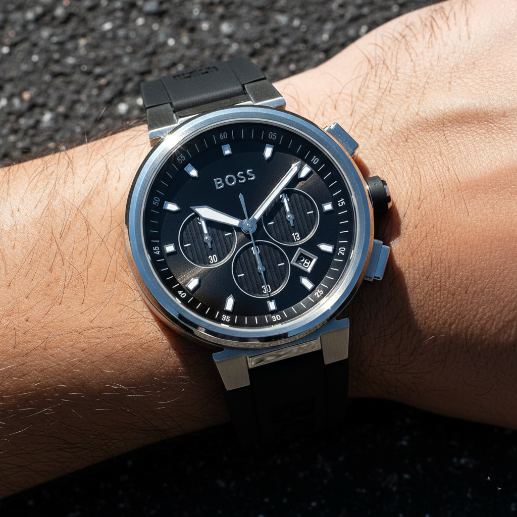 Hugo Boss One 1513997 44mm Men’s Chronograph Watch – Black Sunray Dial & Black Silicone Strap
