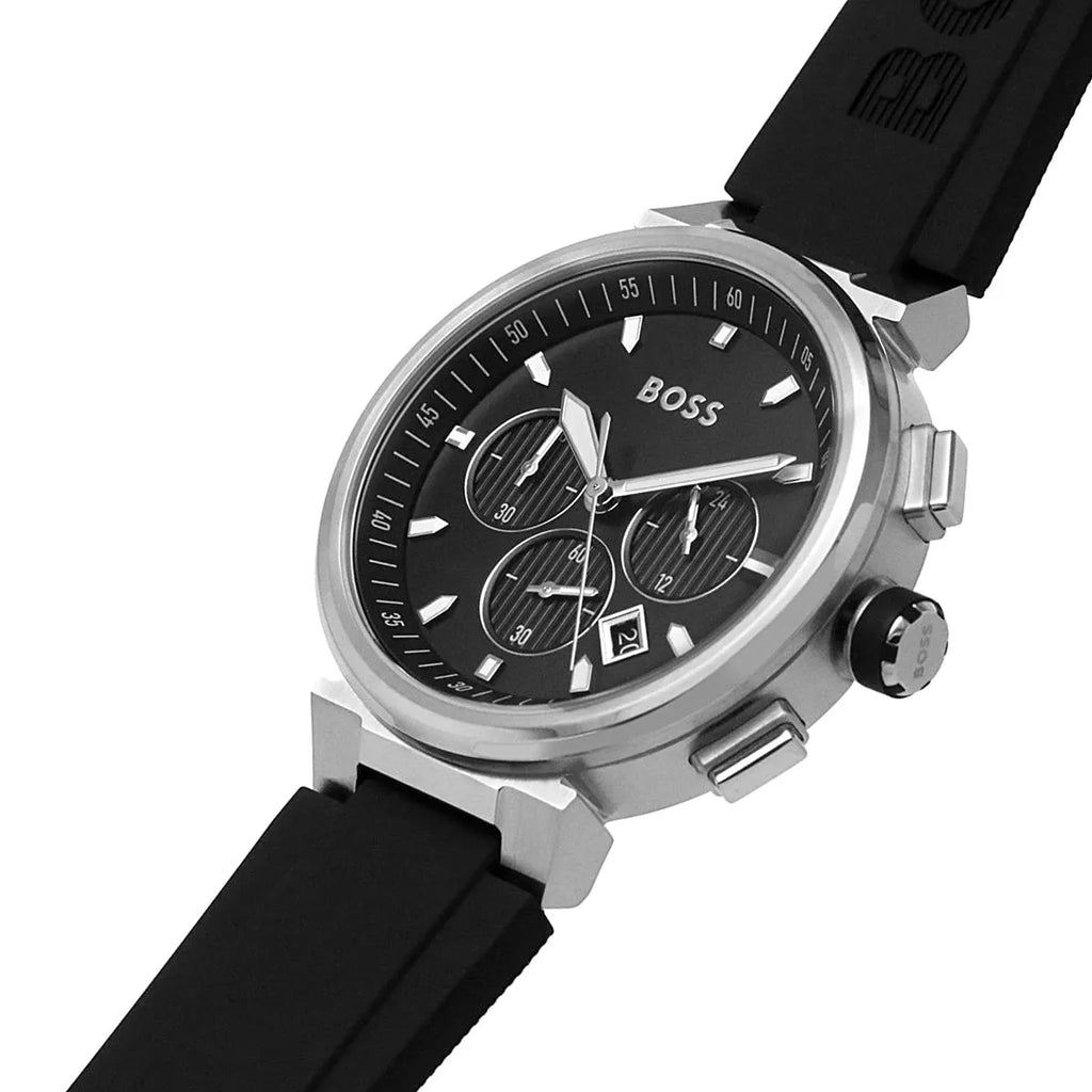 Hugo Boss One 1513997 44mm Men’s Chronograph Watch – Black Sunray Dial & Black Silicone Strap
