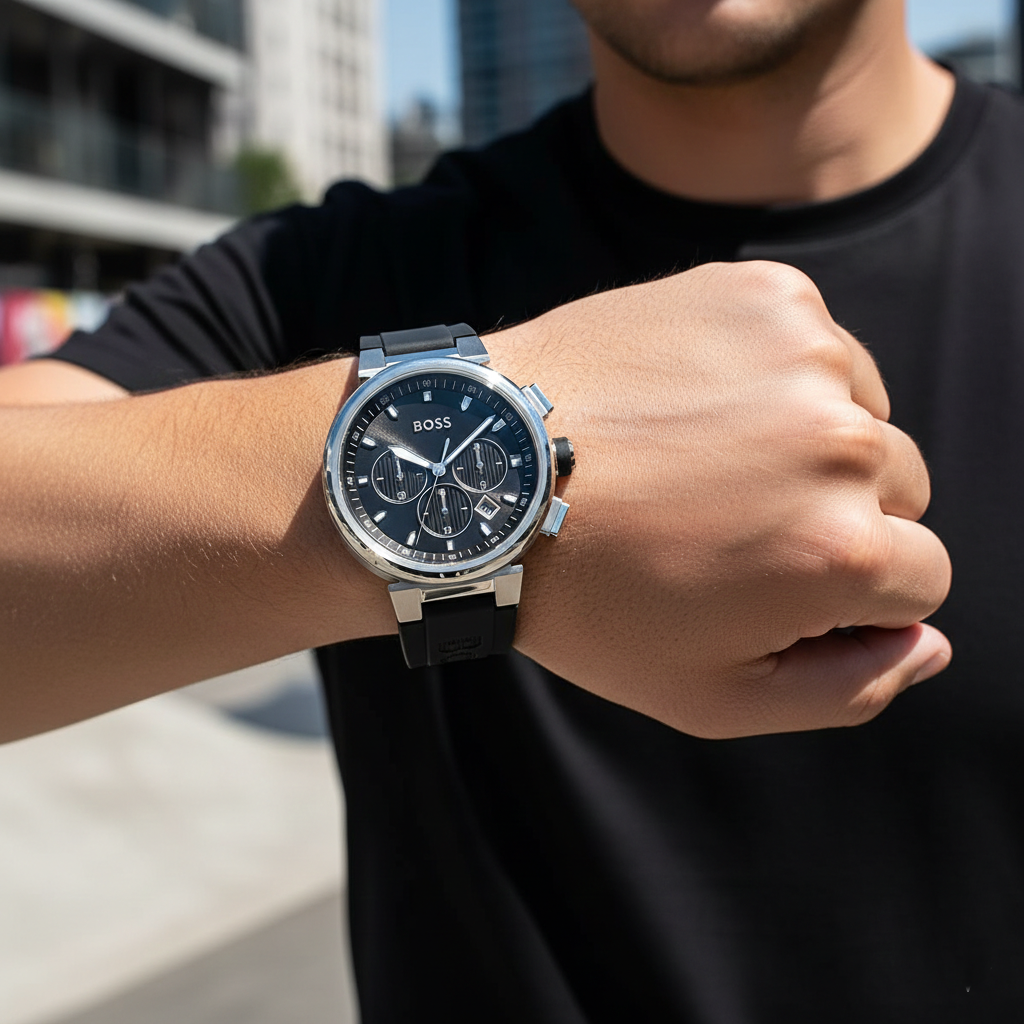 Hugo Boss One 1513997 44mm Men’s Chronograph Watch – Black Sunray Dial & Black Silicone Strap